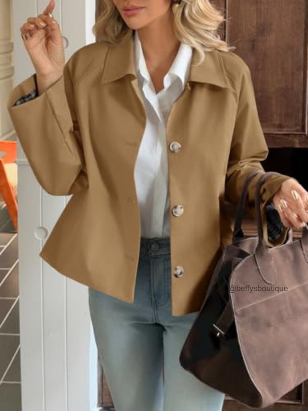 Cropped Trench Coat Lightweight Single Breasted Jacket Fall Windbreaker - Picture 2 of 7